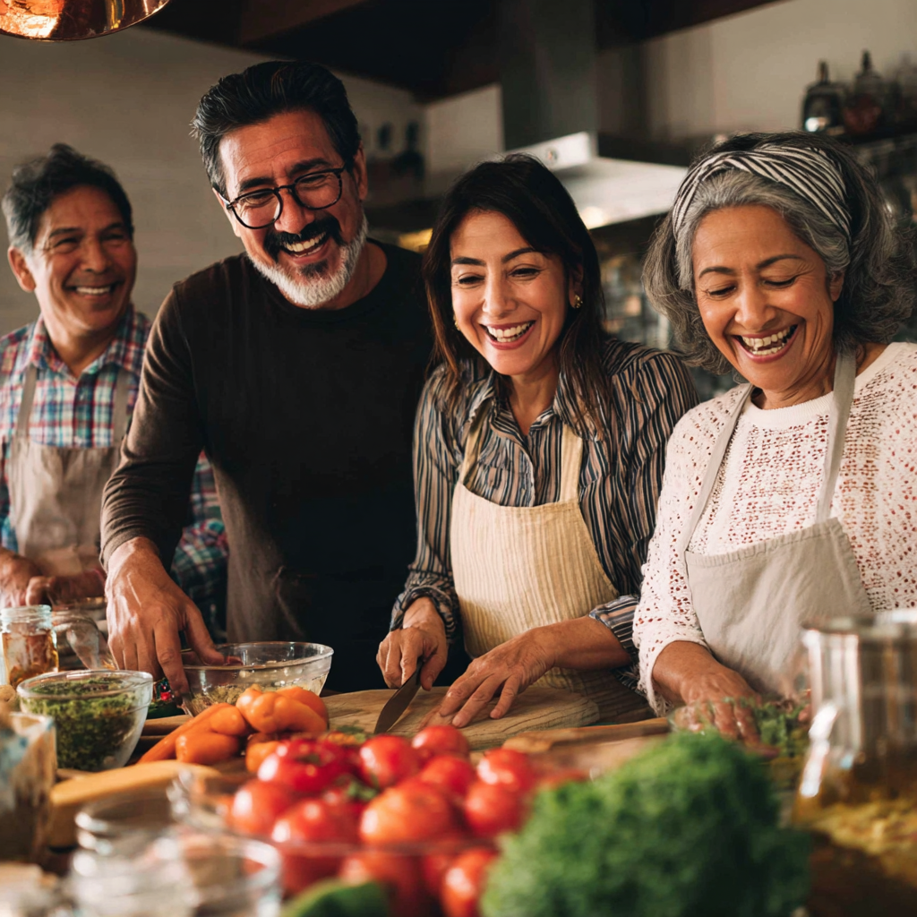 Grupo de adultos mexicanos sonrientes de diferentes edades preparando comida saludable en una cocina moderna