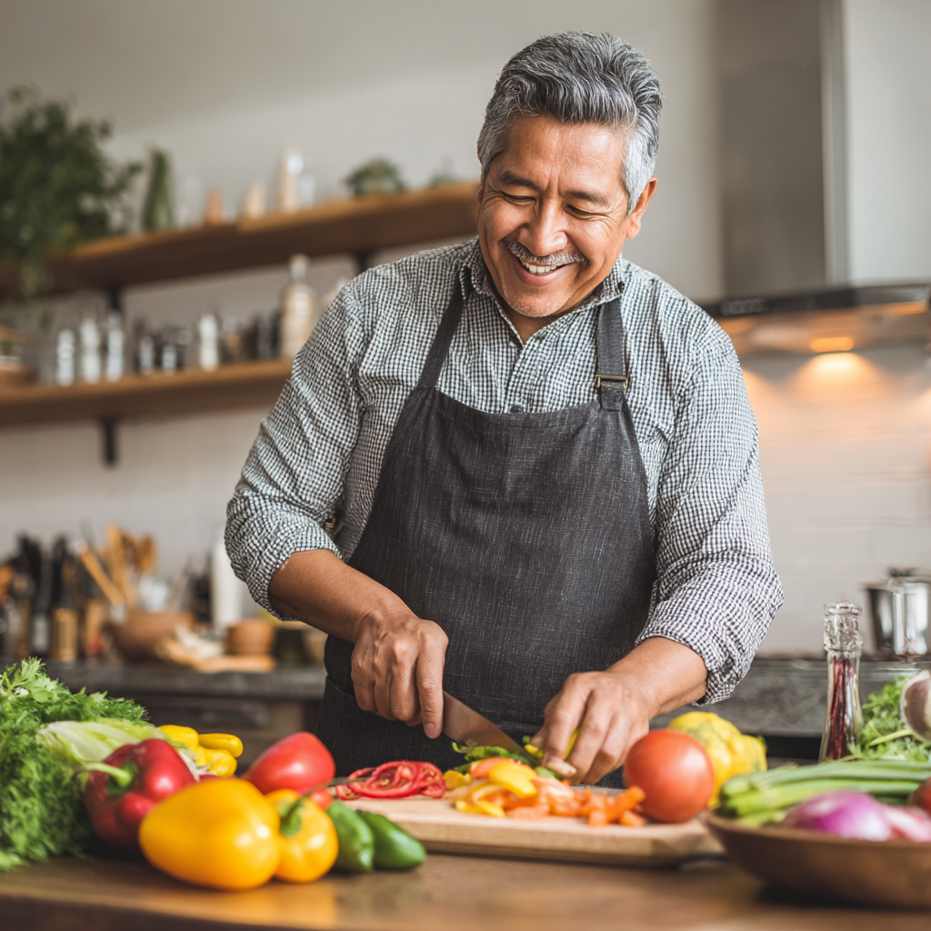 Familia mexicana de diferentes edades compartiendo una comida saludable alrededor de una mesa, sonriendo y disfrutando el momento